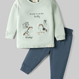 Ollypop Sinker Knit Full Sleeves Tshirt & Leggings Set with Horsey Embroidery - Scuba Green & Navy Blue-image-70