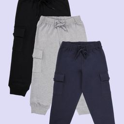 Kiddopanti Pack Of 3 Cotton Fleece Knit Solid Cargo Pocket Detailed Track Pants - Navy Blue Grey Melange & Black-picture-16
