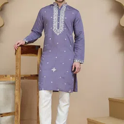 Jompers Floral Embroidered Mandarin Collar Thread Work Straight Kurta With Pyjamas-image-61