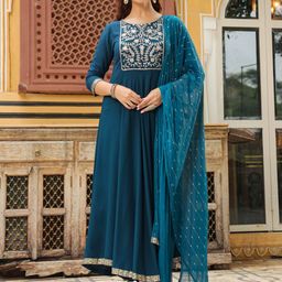 Janasya Floral Embroidered Gotta Patti Anarkali Kurta with Trousers & With Dupatta-image-19