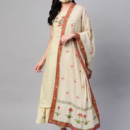 Biba Women Beige Pure Cotton Printed Layered Kurta with Trousers & Dupatta-image-14
