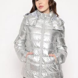 Guess Siver Solid Hooded Neck Puffer Jacket-image-34