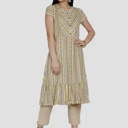 Women Republic Yellow & White Cotton Striped A Line Kurta-image-5