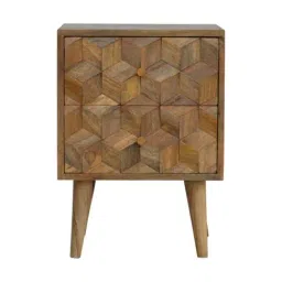 Artisan Furniture Textured Brown Cube Carved Bedside Table With Double Drawers-image-39