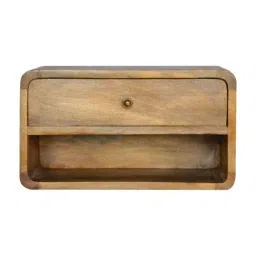 Artisan Furniture Textured Oakish Wall Mounted Brown Curved Bedside Table With Open-Slot-image-53