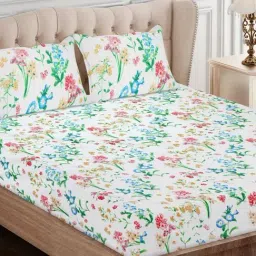SEJ by Nisha Gupta Floral Blue 160 TC Cotton King Bed Sheet with 2 Pillow Covers-image-93