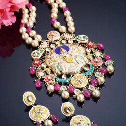 Dugran By Dugristyle Meenakari Yellow & Pink Necklace Set with Kundan and Pearls-image-33