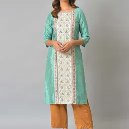 W Sea Green Floral Print Straight Kurta-image-56