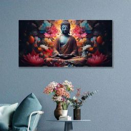 Nestroots Multicolor Canvas Buddha Surrounded By Lotus Flowers Wall Painting - White Floating Frame-12