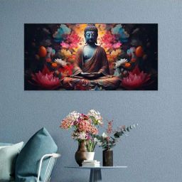 Nestroots Multicolor Canvas Buddha Surrounded By Lotus Flowers Wall Painting - Black Floating Frame-35