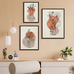 999Store Grey & Orange 3 Piece Paper Floral and Botanical Wall Paintings-16