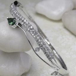 Zeneme Rhodium Plated Silver Green American Diamond Kada Style Openable Bracelet-31