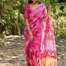 Satrani Pink Cotton Blend Printed Saree With Unstitched Blouse-image-38