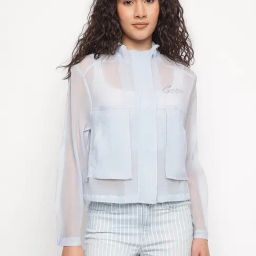 Guess Blue Solid Hooded Neck Mia Organdy Jacket-picture-35