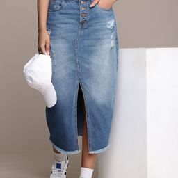 The Roadster Life Co. Women Cotton Front Slit Ripped Faded Straight Midi Denim Skirt-image-75