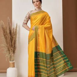 Silk Land Mustard Silk Blend Solid Saree With Unstiched Blouse-image-45