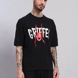 Griffel Black Cotton Loose Fit Printed T-Shirt-image-48