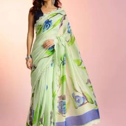 navyasa by liva Dark Green Printed Saree With Unstitched Blouse-picture-17