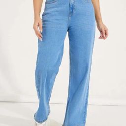 Styli Blue Cotton Plain Flared Jeans-image-51