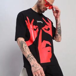 Griffel Black Cotton Loose Fit Printed T-Shirt-image-28