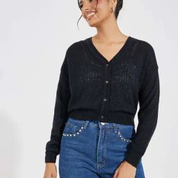 Styli Black Self Pattern Cardigan-19
