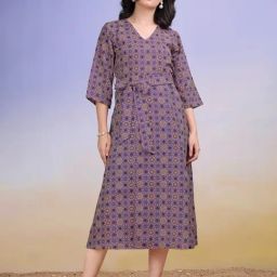 PURVAJA Blue Cotton Blend Printed A-Line Dress-image-73