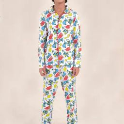 Kiddopanti Boys White Printed Full Sleeves Shirt with Pajamas-image-74