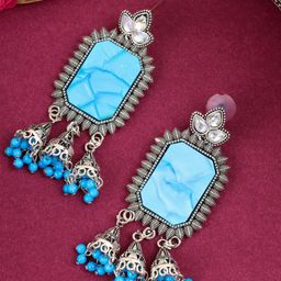 Rukhmani Silver Plated American Diamond Studded And Beaded Oxidised Dome Shaped Jhumkas-image-73