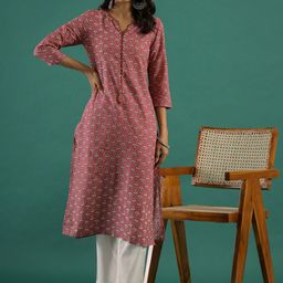 RangDeep Floral Printed Notch Neck Pure Cotton Straight Kurta with Trousers-47