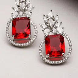 Gemron Jewel Rhodium-Plated American Diamond Studded Contemporary Drop Earrings-49