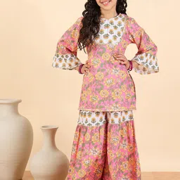 Stylo Bug Girls Floral Printed Pure Cotton Kurta With Sharara-image-54