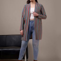 HEATHEX Striped Embellished Longline Open Front Cotton Shrug-3