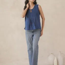 GOODHAND Women Keyhole Neck Sleeveless Pure Cotton Top-image-9