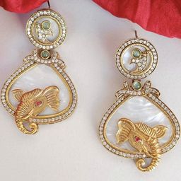 FindHerFavorite Copper-Plated Artificial Stones Studded Contemporary Drop Earrings-image-10