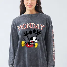 Bewakoof Women Mickey Mouse Graphic Printed Round Neck Cotton Oversized T-shirt-image-29