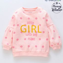 Babyoye Full Sleeves Cotton Brushed Fleece Sweatshirt Polka Dot & Text Print- Peach-image-74