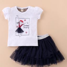 ToffyHouse 100% Cotton Knit Half Sleeves Top & Tiered Skirt Set with Star & Doll Print-White & Navy Blue-picture-36