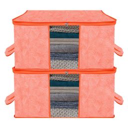 Kuber Industries Underbed Storage Bag  Clothes Storage Organizer  Blanket Cover with Clear Window  Zipper Closure & Handle Cloth Organizer  Lahariya-Design  Large  Pack of 2  Orange-11