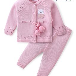 Babyoye Cotton Knit Full Raglan Sleeves Sweater Set with Bear Patch - Light Pink-image-76