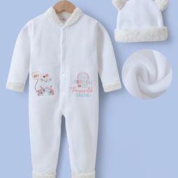 Kookie Kids Full Sleeves Winter Wear Romper With Elephant Embroidery & Cap - White-picture-19