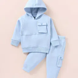 Pepito Fleece Knit Full Sleeves Solid Hooded Winter Wear Co-Ord Set With Cut & Sew Design - Sky Blue-picture-6