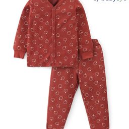 Babyoye Cotton Modal Blend Apple Print Full Sleeves Front Open Thermal Inner Wear Set - Brown-image-66