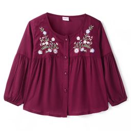 Babyhug Rayon Knit Full Sleeves Floral Embroidered Top - Maroon-image-31