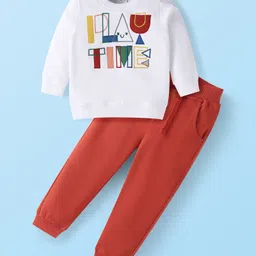 Babyhug Terry Knit Full Sleeves Text Embroidered T-Shirt & Joggers Set - Red & White-picture-5