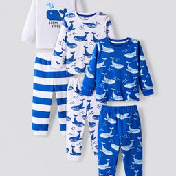 Bonfino 100% Cotton Knit Full Sleeves Night Suits with Sea Life Print & Stripes Pack of 3 - Blue & White-picture-21