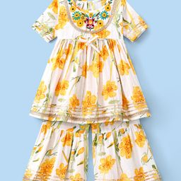 Teentaare Cotton Woven Three Fourth Sleeves Embroidered Kurta & Gharara Set Floral Print - Yellow-image-47