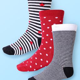 Cute Walk by Babyhug Cotton Lycra Knit Anti-bacterial Socks Polka Dots Strips & Stars Design Pack of 3 - Red Black & White-image-130