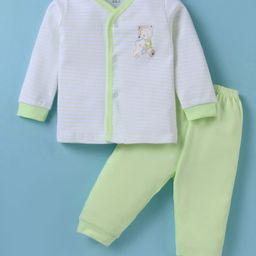 Zero Interlock Knit Full Sleeves Striped Night Suit with Bear Print - Light Green-picture-6