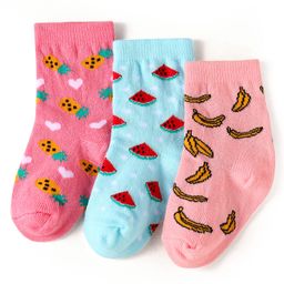 Cute Walk by Babyhug Knit Ankle Length Socks With Fruit Design Pack of 3 - Pink & Blue-image-51