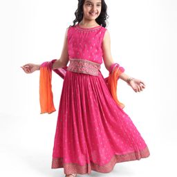 Pine Kids Woven Sleeveless Choli Lehenga & Dupatta Set with Floral Foil Print - Pink-image-53